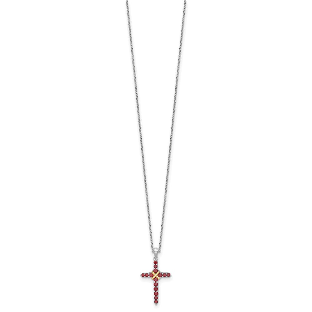 Sterling Silver Rhodium-Plated w/14K/Silver Two-Tone Accent Garnet Cross Necklace
