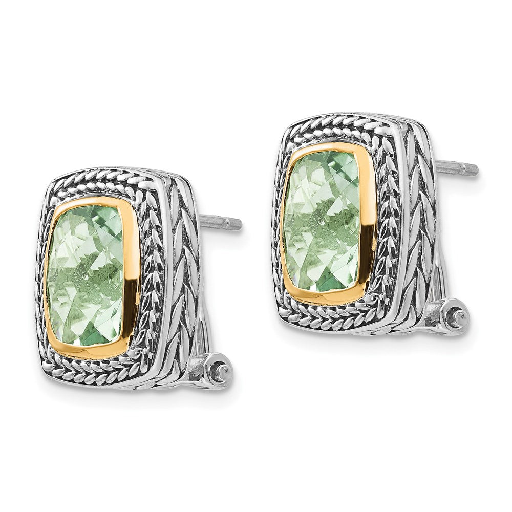 14K/Silver Two Tone Shey Couture Sterling Silver With 14K Accent Antiqued Cushion Bezel Green Quartz Omega Back Earrings