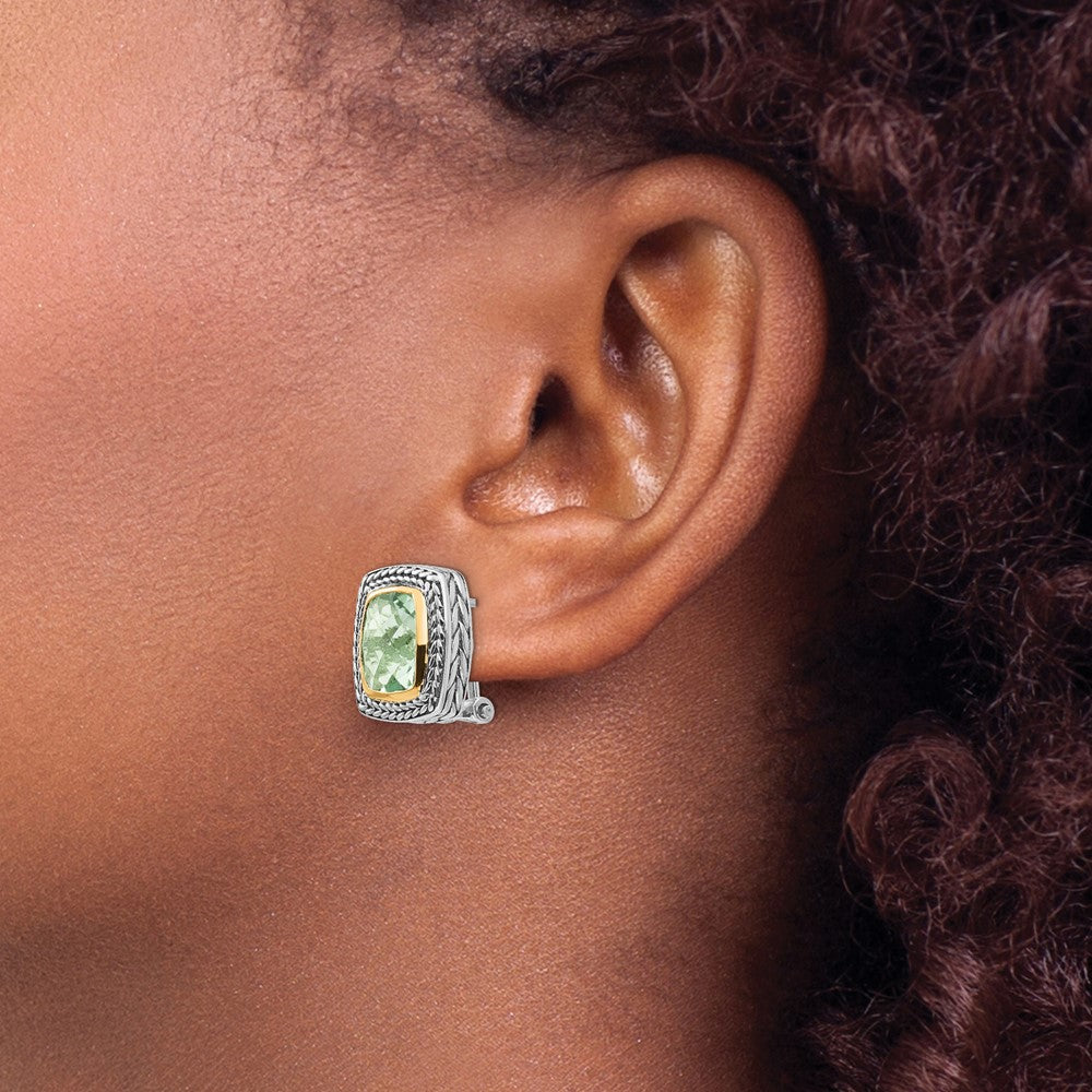 14K/Silver Two Tone Shey Couture Sterling Silver With 14K Accent Antiqued Cushion Bezel Green Quartz Omega Back Earrings