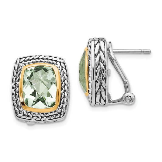 14K/Silver Two Tone Shey Couture Sterling Silver With 14K Accent Antiqued Cushion Bezel Green Quartz Omega Back Earrings