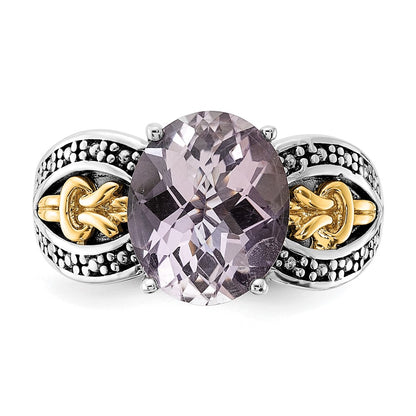 14K/Silver Two Tone Sterling Silver 14K Accent Polished & Antiqued Pink Quartz Ring
