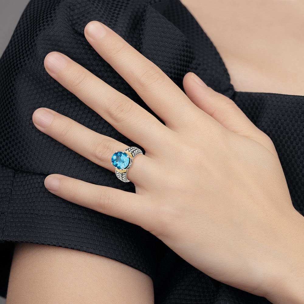 14K/Silver Two Tone Shey Couture Sterling Silver With 14K Accent Antiqued Oval Swiss Blue Topaz Ring