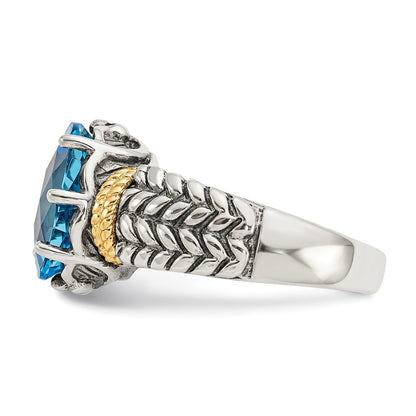 14K/Silver Two Tone Shey Couture Sterling Silver With 14K Accent Antiqued Oval Swiss Blue Topaz Ring