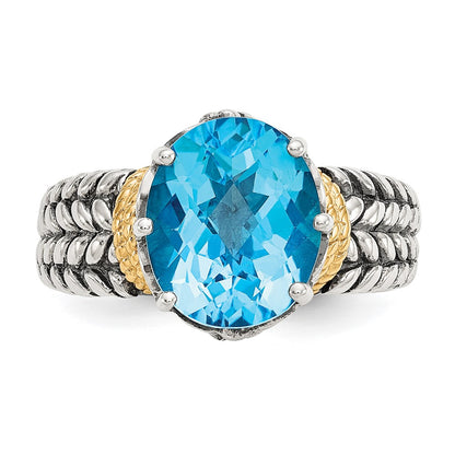 14K/Silver Two Tone Shey Couture Sterling Silver With 14K Accent Antiqued Oval Swiss Blue Topaz Ring