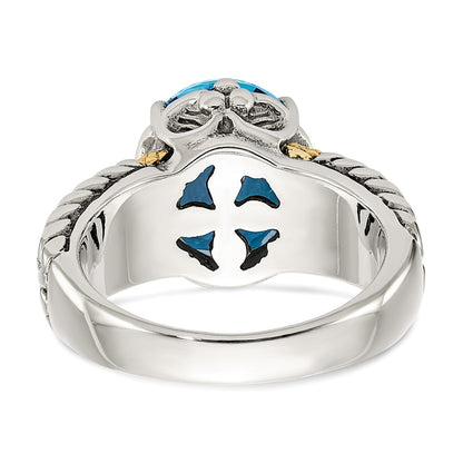 14K/Silver Two Tone Shey Couture Sterling Silver With 14K Accent Antiqued Oval Swiss Blue Topaz Ring