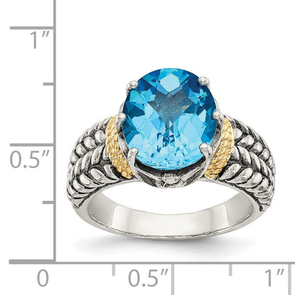 14K/Silver Two Tone Shey Couture Sterling Silver With 14K Accent Antiqued Oval Swiss Blue Topaz Ring