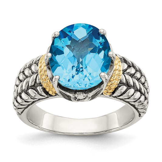 14K/Silver Two Tone Shey Couture Sterling Silver With 14K Accent Antiqued Oval Swiss Blue Topaz Ring
