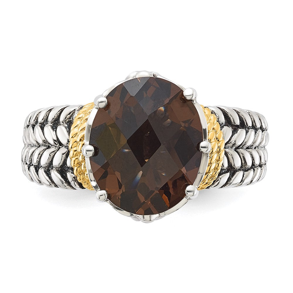 14K/Silver Two Tone Sterling Silver 14K Accent Antiqued Oval Smoky Quartz Ring