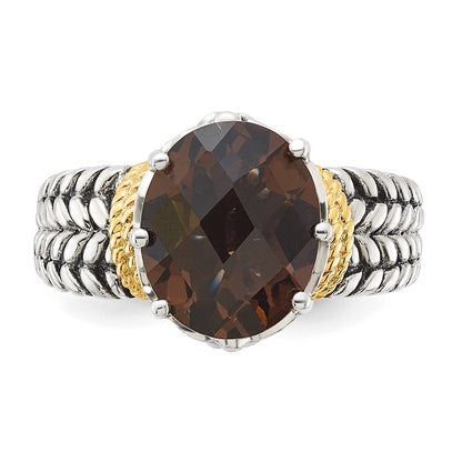 14K/Silver Two Tone Sterling Silver 14K Accent Antiqued Oval Smoky Quartz Ring
