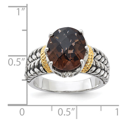 14K/Silver Two Tone Sterling Silver 14K Accent Antiqued Oval Smoky Quartz Ring