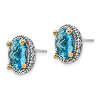 14K/Silver Two Tone Shey Couture Sterling Silver With 14K Accent Antiqued Oval Swiss Blue Topaz Post Earrings