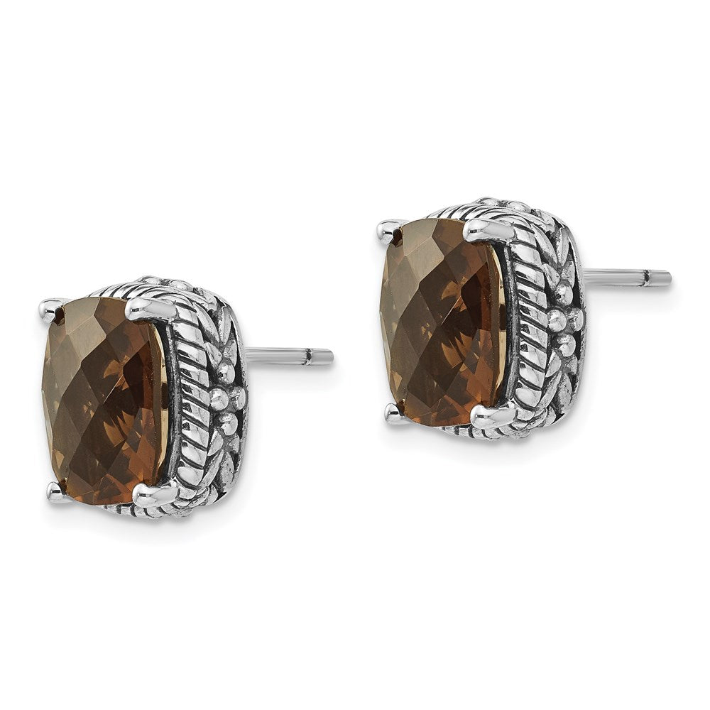 Shey Couture Sterling Silver Antiqued Cushion Checkerboard Smoky Quartz Post Earrings