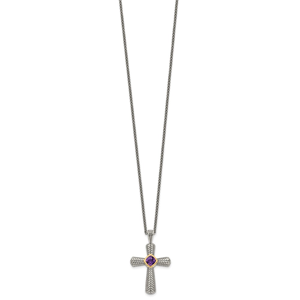 14K/Silver Two Tone Shey Couture Sterling Silver With 14K Accent 18 Inch Antiqued Cushion Bezel Amethyst Cross Necklace