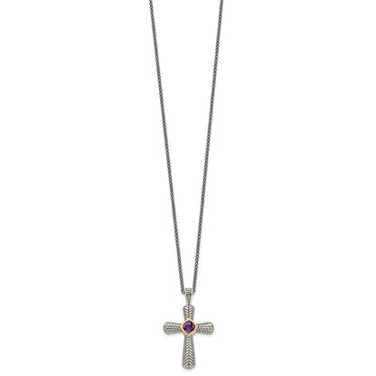 14K/Silver Two Tone Shey Couture Sterling Silver With 14K Accent 18 Inch Antiqued Cushion Bezel Amethyst Cross Necklace