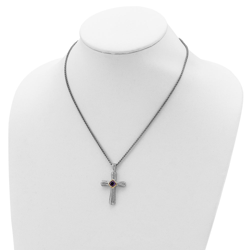 14K/Silver Two Tone Shey Couture Sterling Silver With 14K Accent 18 Inch Antiqued Cushion Bezel Amethyst Cross Necklace