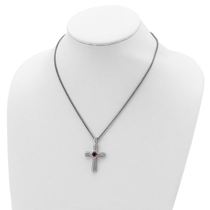 14K/Silver Two Tone Shey Couture Sterling Silver With 14K Accent 18 Inch Antiqued Cushion Bezel Amethyst Cross Necklace
