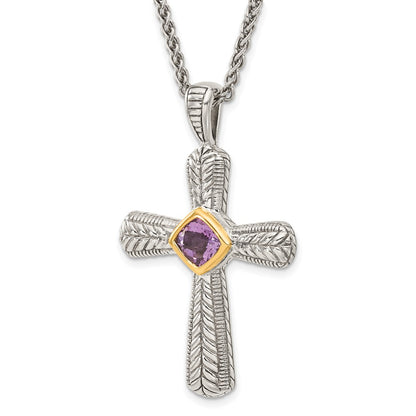 14K/Silver Two Tone Shey Couture Sterling Silver With 14K Accent 18 Inch Antiqued Cushion Bezel Amethyst Cross Necklace