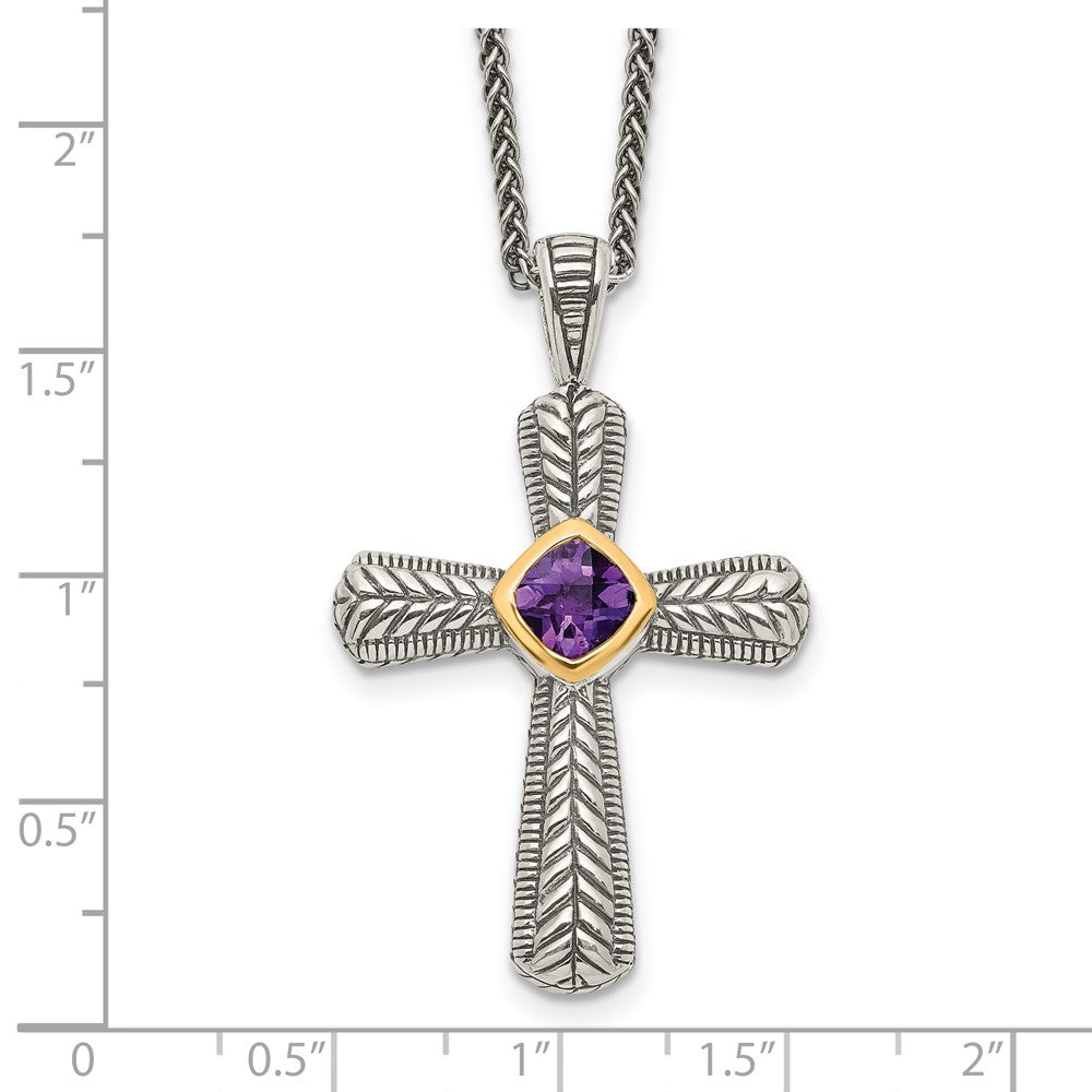 14K/Silver Two Tone Shey Couture Sterling Silver With 14K Accent 18 Inch Antiqued Cushion Bezel Amethyst Cross Necklace