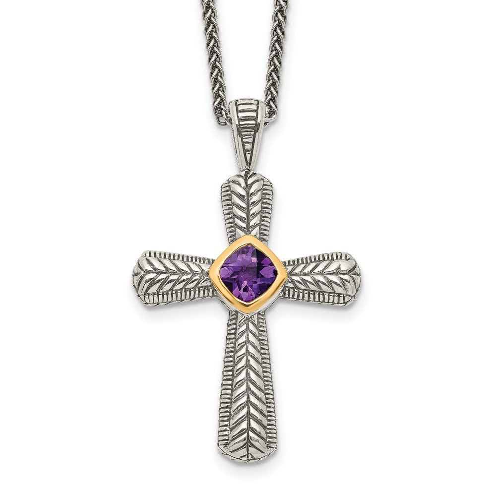 14K/Silver Two Tone Shey Couture Sterling Silver With 14K Accent 18 Inch Antiqued Cushion Bezel Amethyst Cross Necklace