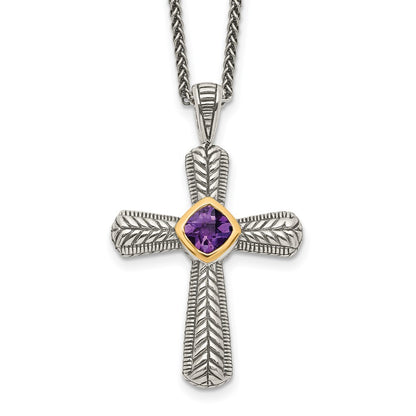 14K/Silver Two Tone Shey Couture Sterling Silver With 14K Accent 18 Inch Antiqued Cushion Bezel Amethyst Cross Necklace