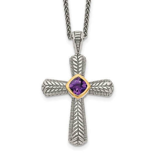 14K/Silver Two Tone Shey Couture Sterling Silver With 14K Accent 18 Inch Antiqued Cushion Bezel Amethyst Cross Necklace
