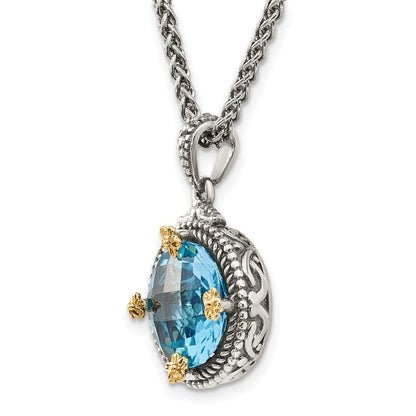 14K/Silver Two Tone Shey Couture Sterling Silver With 14K Accent 18 Inch Antiqued Round Swiss Blue Topaz Necklace