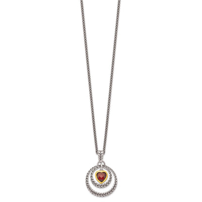 Sterling Silver Shey Couture Gold Tone Flash Plated 18 Inch Antiqued Checkerboard Garnet Heart Necklace