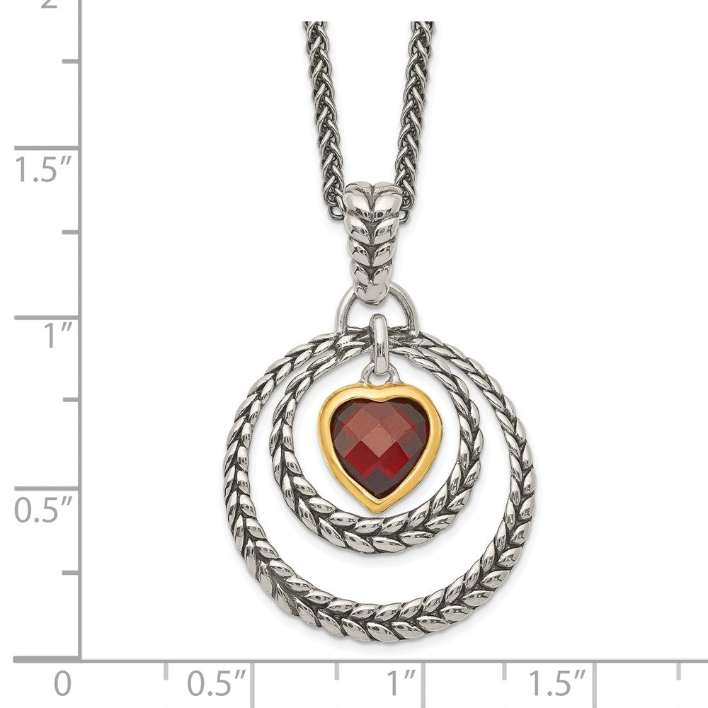 Sterling Silver Shey Couture Gold Tone Flash Plated 18 Inch Antiqued Checkerboard Garnet Heart Necklace