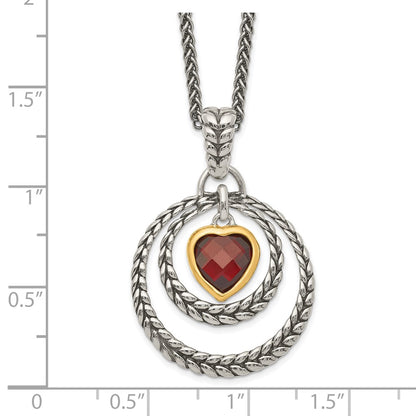Sterling Silver Shey Couture Gold Tone Flash Plated 18 Inch Antiqued Checkerboard Garnet Heart Necklace