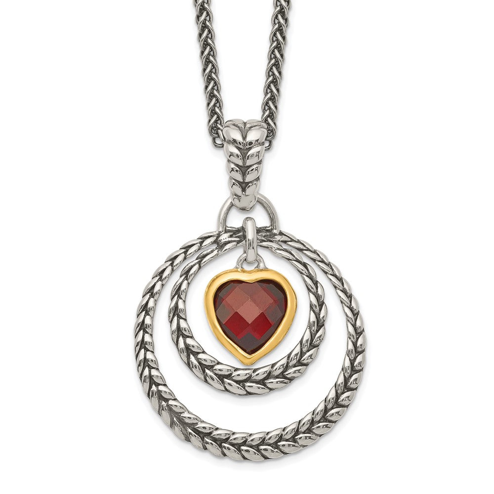 Sterling Silver Shey Couture Gold Tone Flash Plated 18 Inch Antiqued Checkerboard Garnet Heart Necklace