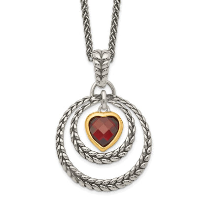 Sterling Silver Shey Couture Gold Tone Flash Plated 18 Inch Antiqued Checkerboard Garnet Heart Necklace