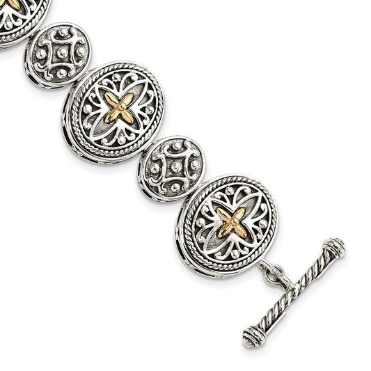 14K/Silver Two Tone Shey Couture Sterling Silver With 14K Accent 8 Inch Antiqued Toggle Bracelet