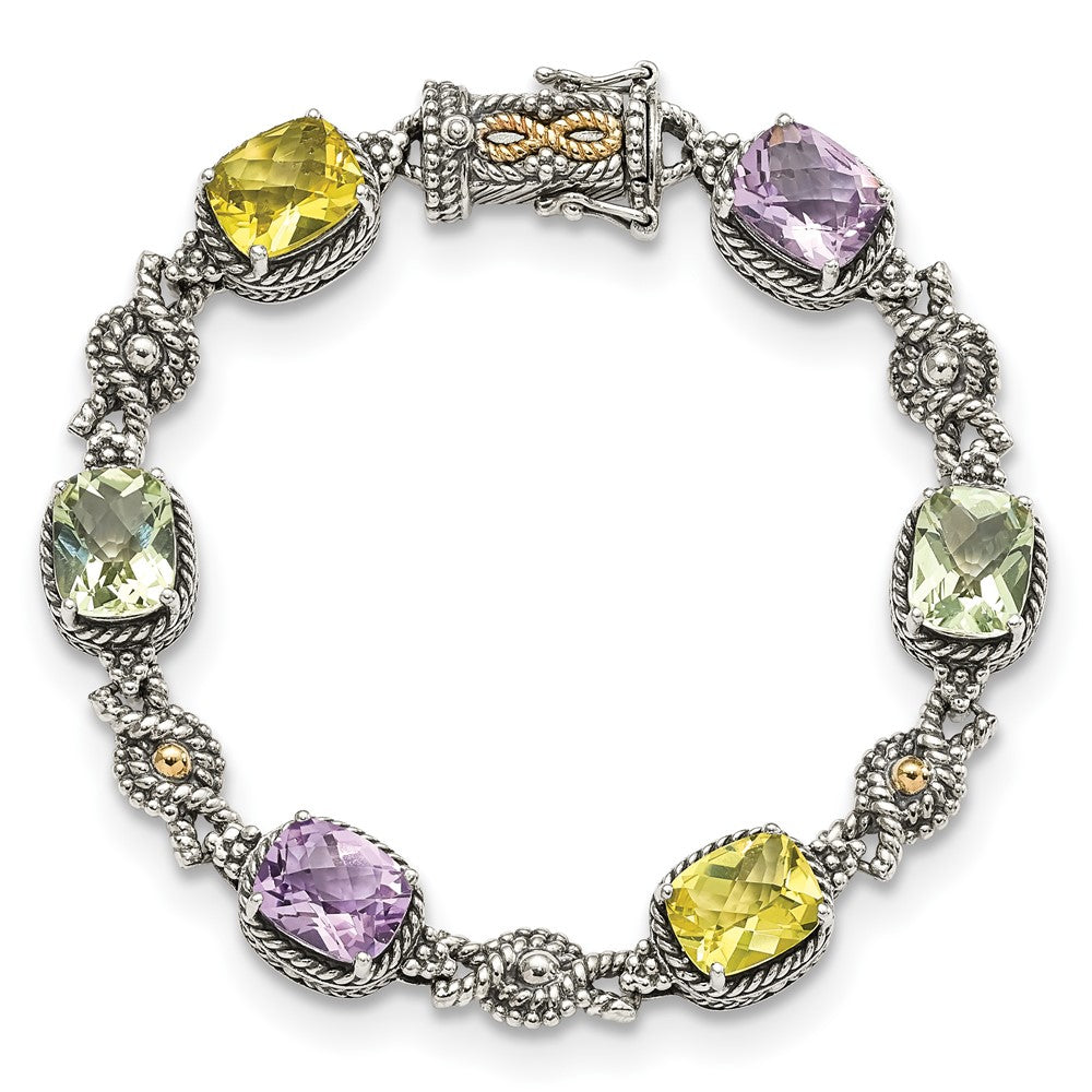 14K/Silver Two Tone Shey Couture Sterling Silver With 14K Accent 7.25 Inch Antiqued Cushion 4.4Pink Quartz/4.4Green Quartz/4.4Lemon Quartz Bracelet