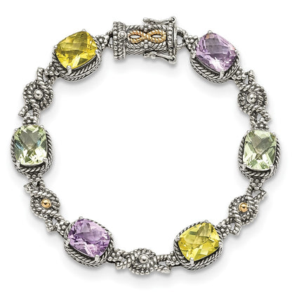 14K/Silver Two Tone Shey Couture Sterling Silver With 14K Accent 7.25 Inch Antiqued Cushion 4.4Pink Quartz/4.4Green Quartz/4.4Lemon Quartz Bracelet