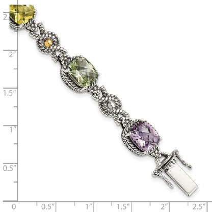 14K/Silver Two Tone Shey Couture Sterling Silver With 14K Accent 7.25 Inch Antiqued Cushion 4.4Pink Quartz/4.4Green Quartz/4.4Lemon Quartz Bracelet