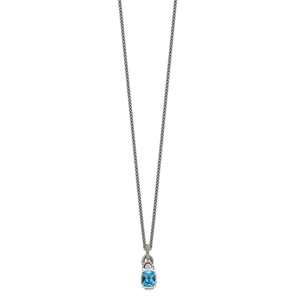 Sterling Silver Shey Couture 18 Inch Antiqued Cushion Bezel Sky Blue Topaz And Diamond Necklace