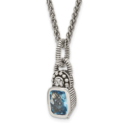 Sterling Silver Shey Couture 18 Inch Antiqued Cushion Bezel Sky Blue Topaz And Diamond Necklace