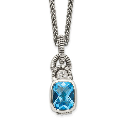 Sterling Silver Shey Couture 18 Inch Antiqued Cushion Bezel Sky Blue Topaz And Diamond Necklace