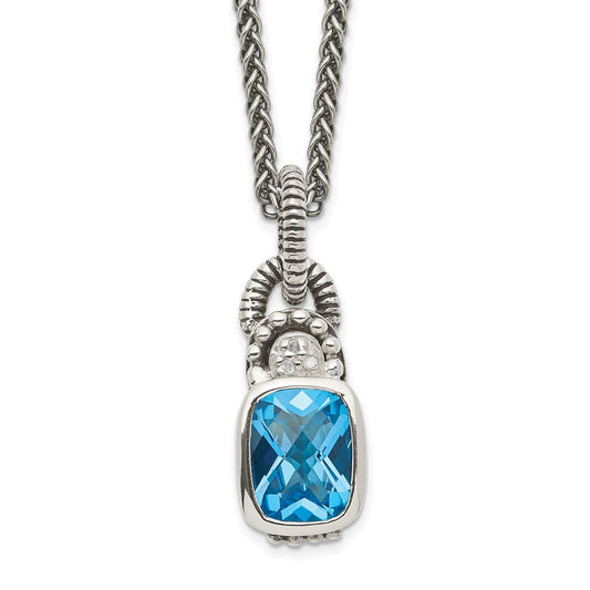Sterling Silver Shey Couture 18 Inch Antiqued Cushion Bezel Sky Blue Topaz And Diamond Necklace