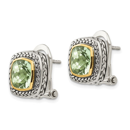 14K/Silver Two Tone Shey Couture Sterling Silver With 14K Accent Antiqued Cushion Bezel Green Quartz Omega Back Earrings