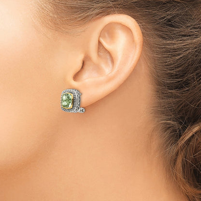14K/Silver Two Tone Shey Couture Sterling Silver With 14K Accent Antiqued Cushion Bezel Green Quartz Omega Back Earrings