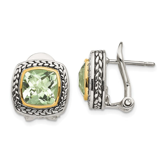 14K/Silver Two Tone Shey Couture Sterling Silver With 14K Accent Antiqued Cushion Bezel Green Quartz Omega Back Earrings