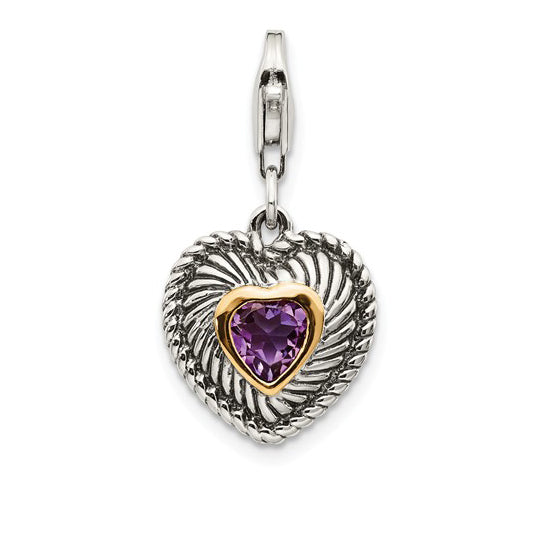 14K/Silver Two Tone Shey Couture Sterling Silver With 14K Accent Antiqued Amethyst Heart Lobster Clasp Charm