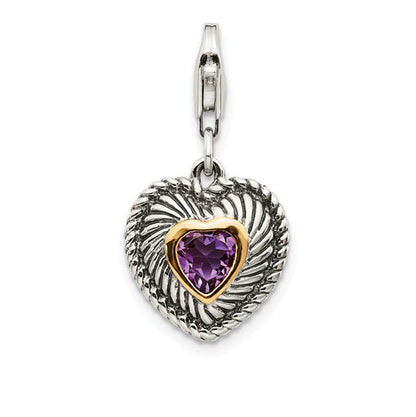 14K/Silver Two Tone Shey Couture Sterling Silver With 14K Accent Antiqued Amethyst Heart Lobster Clasp Charm