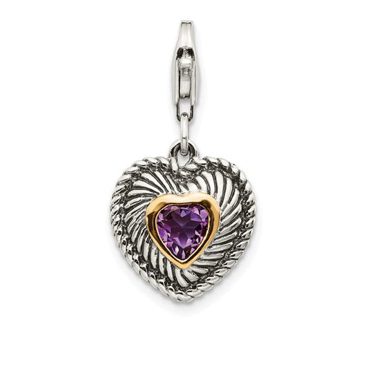14K/Silver Two Tone Shey Couture Sterling Silver With 14K Accent Antiqued Amethyst Heart Lobster Clasp Charm