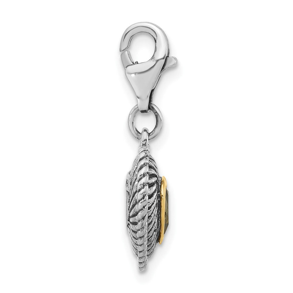 14K/Silver Two Tone Sterling Silver 14K Accent Polished & Antiqued Lemon Quartz Heart W/ Lobster Clasp Charm