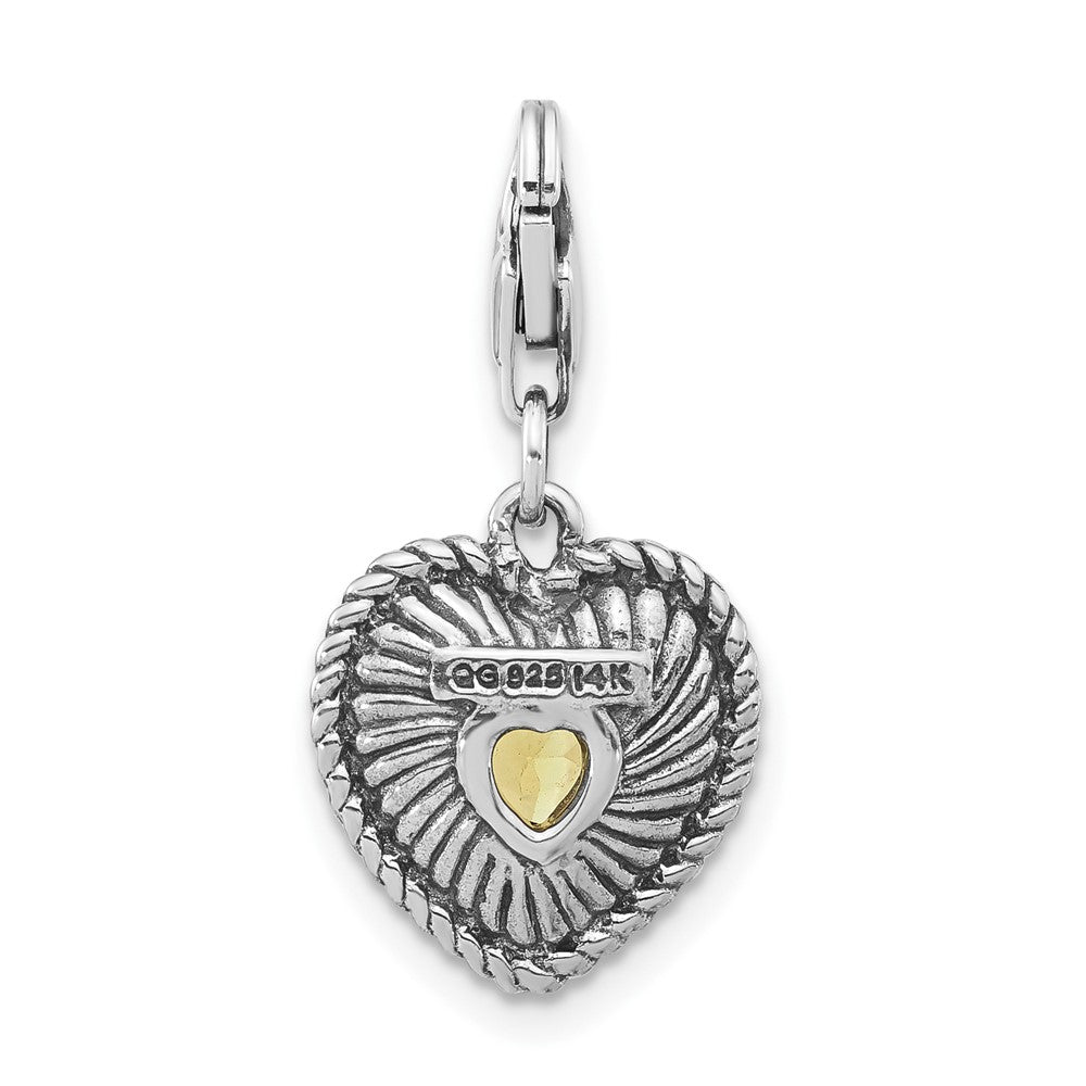 14K/Silver Two Tone Sterling Silver 14K Accent Polished & Antiqued Lemon Quartz Heart W/ Lobster Clasp Charm