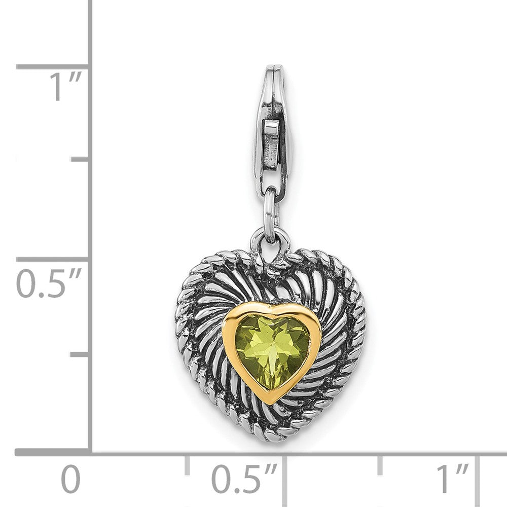 14K/Silver Two Tone Sterling Silver 14K Accent Polished & Antiqued Lemon Quartz Heart W/ Lobster Clasp Charm