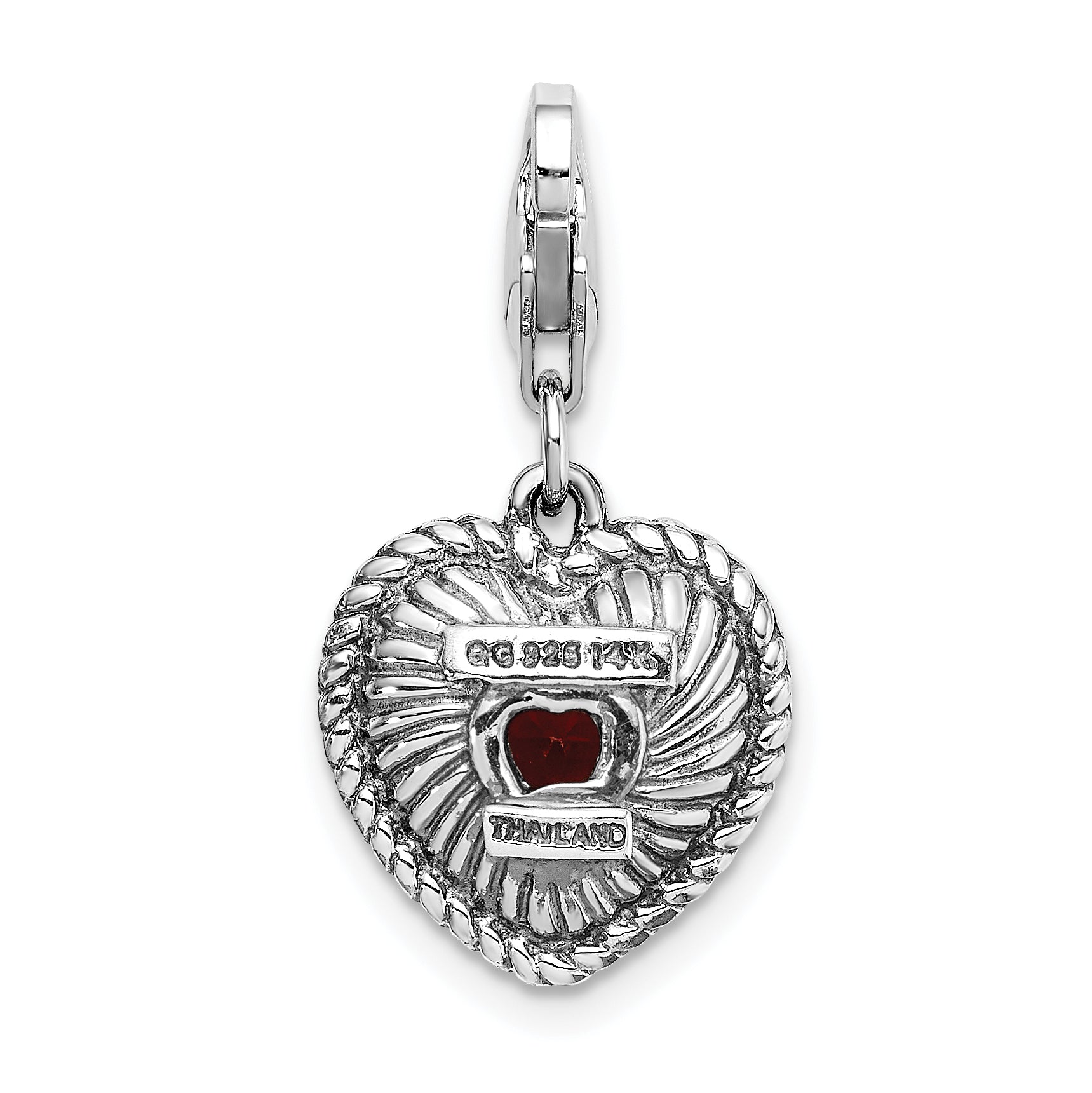 14K/Silver Two Tone Shey Couture Sterling Silver With 14K Accent Antiqued Heart Shaped Garnet Lobster Clasp Charm