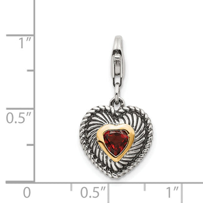 14K/Silver Two Tone Shey Couture Sterling Silver With 14K Accent Antiqued Heart Shaped Garnet Lobster Clasp Charm